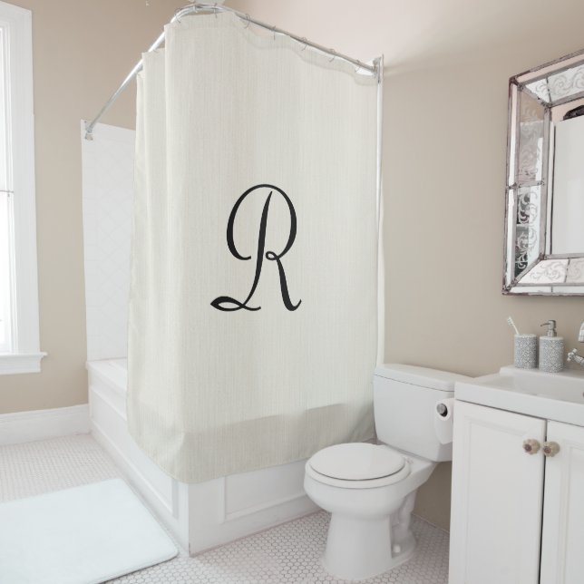 Hors Blanc Faux Burlap Douche Rideau Monogramme (En situation)