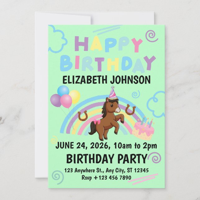 Horse Birthday Invitation in Green (Devant)