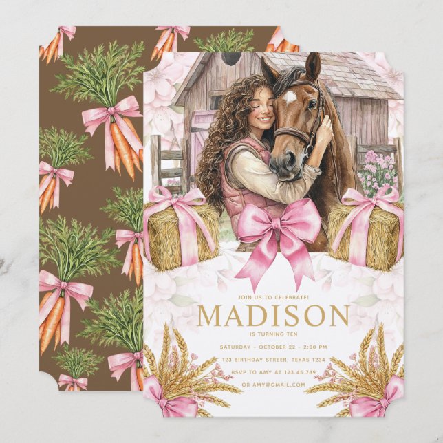 Horse Birthday Invitation with brunette Girl (Devant / Derrière)