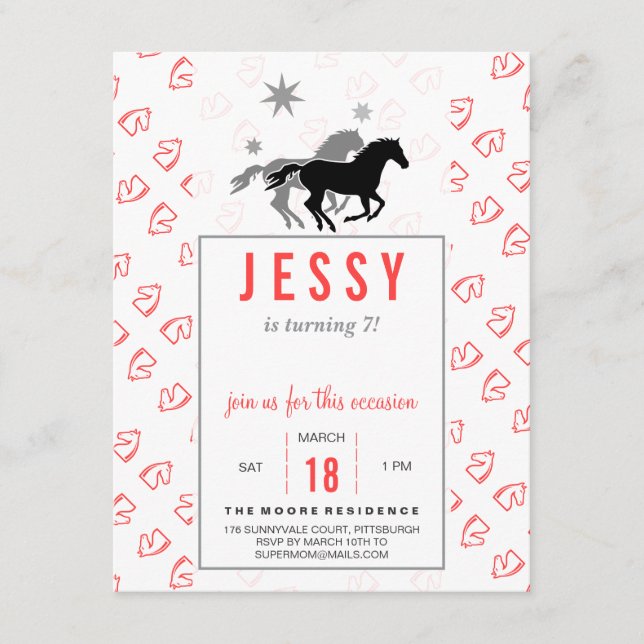 Horse Birthday Invitations Coral Red (Devant)