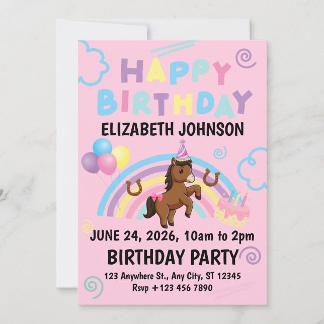 Horse Birthday Party Invitation Pink (Devant)