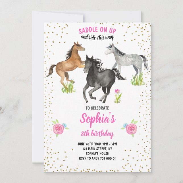 Horse fille Invitation d'anniversaire rose floral (Devant)