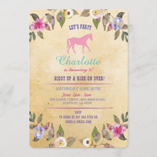 Horse Party Floral Invitation Pony Pink Invitation