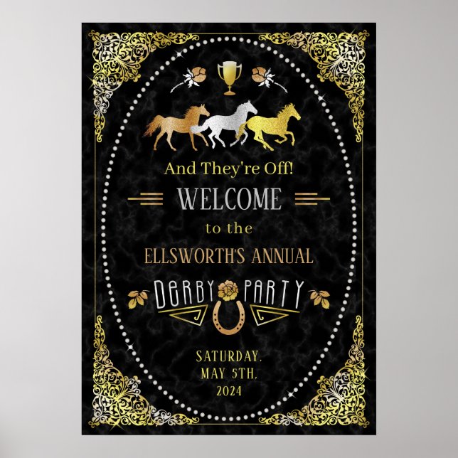 Horse Racing Derby Day Party Art Déco Black Gold (Devant)