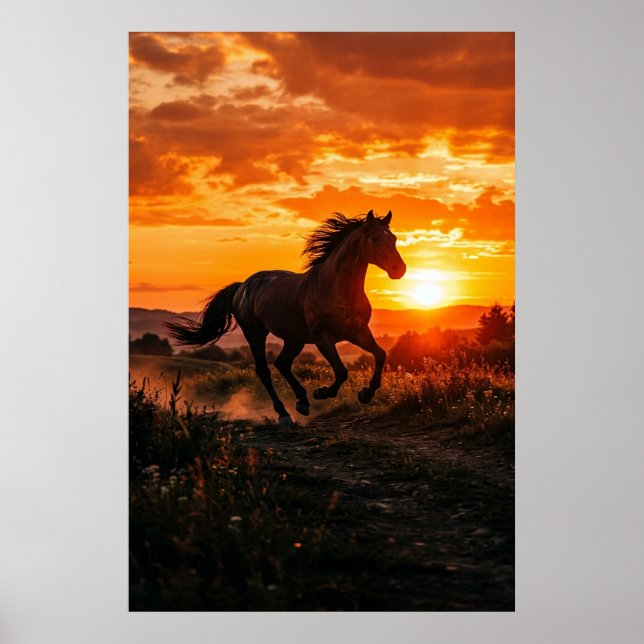 Horse Sunset Poster | Running Black Horse Wall Art (Devant)