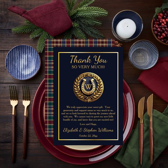Horseshoe de Preppy Emblem Carte de remerciements  (Charming Classic Preppy Gold Horseshoe Monogram Emblem | Plaid Boy Baby Shower Thank You Flat Card)