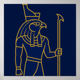 Horus Egyptian God Gold Line Art Blue Poster