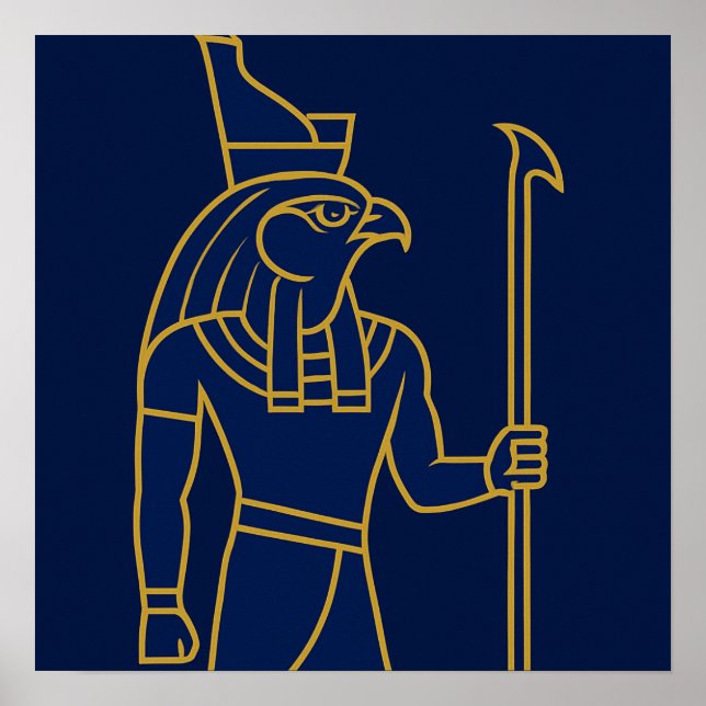 Horus Egyptian God Gold Line Art Blue Poster (Devant)