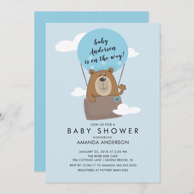 Hot Air Ballon Bear Boys Baby shower Invitation (Devant / Derrière)