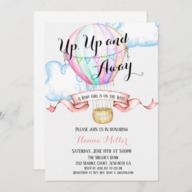 Hot Air Balloon Invitation Baby Girl Douche (Devant / Derrière)