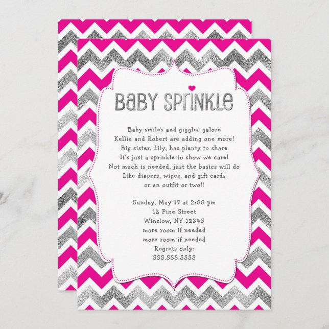 Hot Pink Silver Girl Baby Sprinkl invitations (Devant / Derrière)