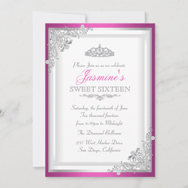 Hot rose Argent Damask & Tiara Sweet 16 Invitation (Devant)