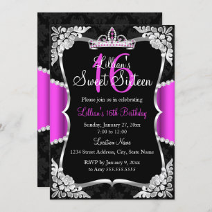 Hot rose argent noir Tiara Sweet 16 Invitation
