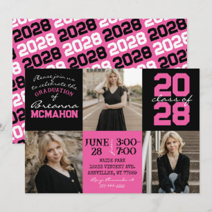 Hot Rose & Black 3 Photo Graduation Invitation