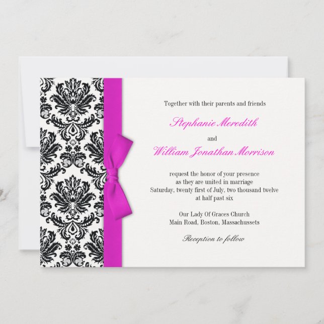 Hot rose Bow avec Mariage damassé Invitation (Devant)