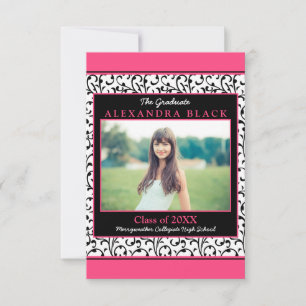 Hot rose Damask Floral Photo Graduation Invitation