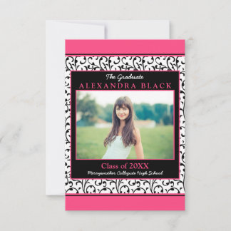 Hot rose Damask Floral Photo Graduation Invitation