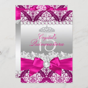 Hot rose Damask & Pearl Bow Quinceanera Invitation