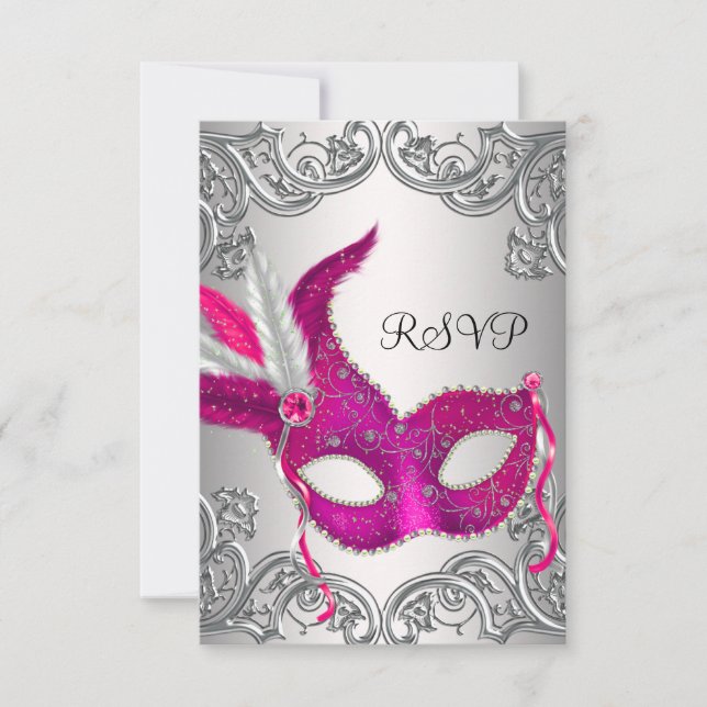Hot rose en argent Masquerade Party RSVP (Devant)