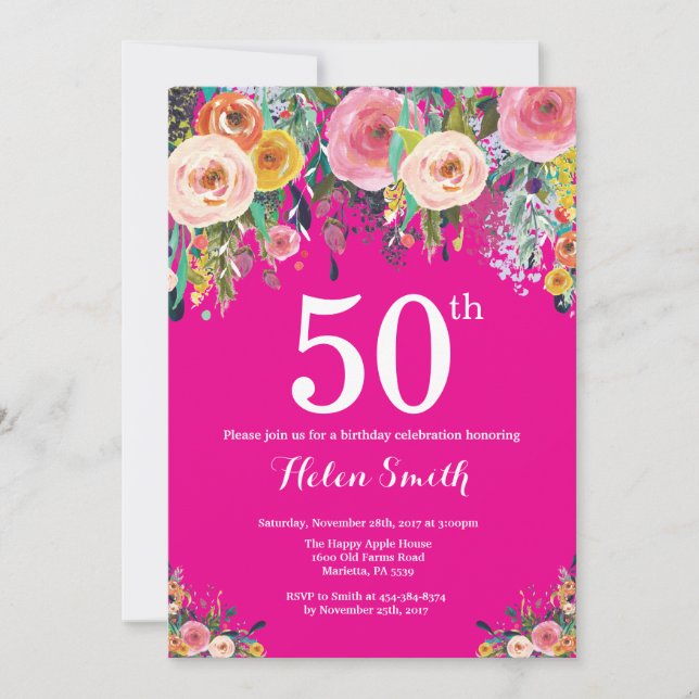 Hot rose Floral 50e anniversaire Invitation (Devant)