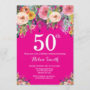 Hot rose Floral 50e anniversaire Invitation