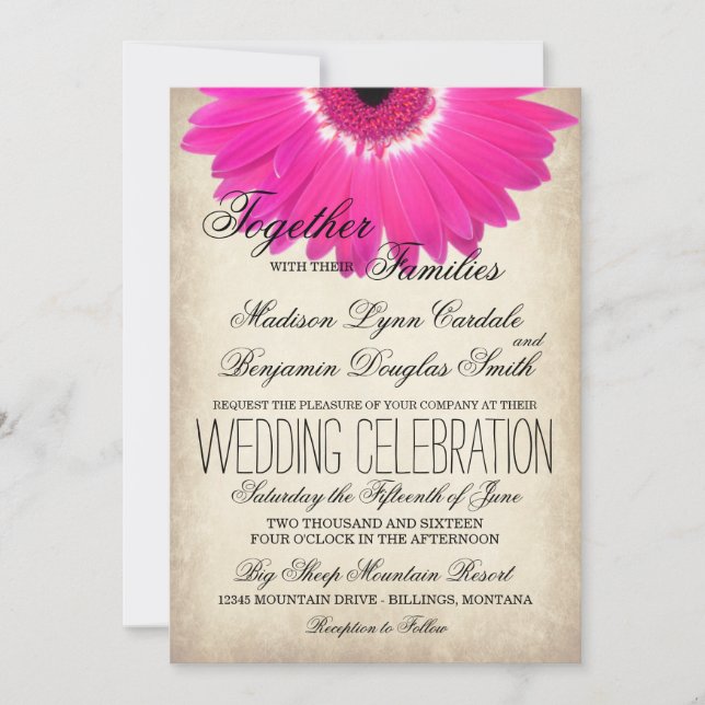 Hot rose Gerber Daisy Rustic Wedding Invitations (Devant)