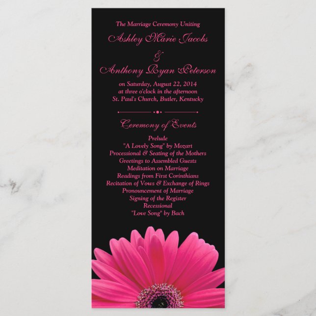 Hot rose Gerbera Daisy Black Wedding Programme (Devant)