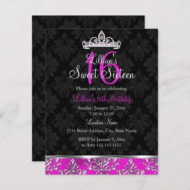 Hot rose noir Damask Tiara Sweet 16 Invitation (Devant / Derrière)