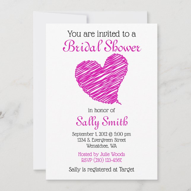 Hot rose Sketchy Heart Bridal Shower Invitation (Devant)