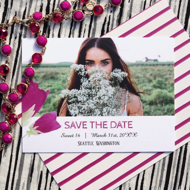 Hot rose Tulips Sweet 16 Enregistrer la carte de d (hot pink tulips, pink spring floral sweet 16 save the date postcard)