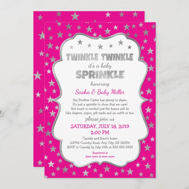 Hot rose Twinkle Twinkle Baby Sprinkle invitations (Devant / Derrière)