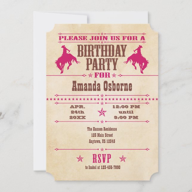 Hot rose Vintage Cowboy Invitation d'anniversaire (Devant)