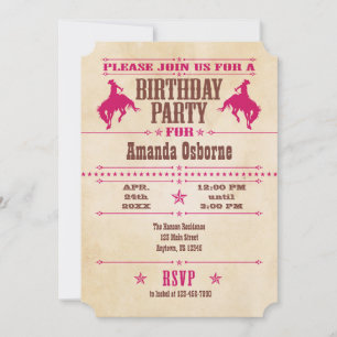 Hot rose Vintage Cowboy Invitation d'anniversaire