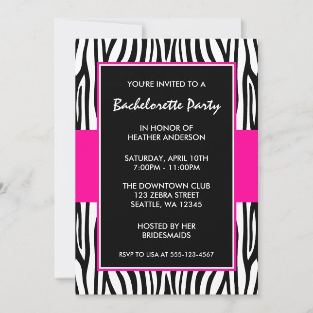 Hot rose Zebra Bachelorette Invitations (Devant)