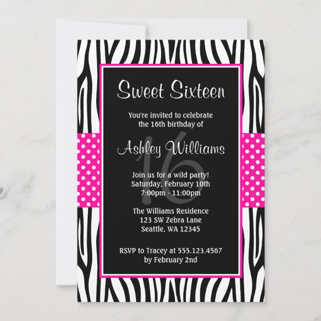 Hot rose Zebra Polka Dot Sweet 16 Invitations (Devant)
