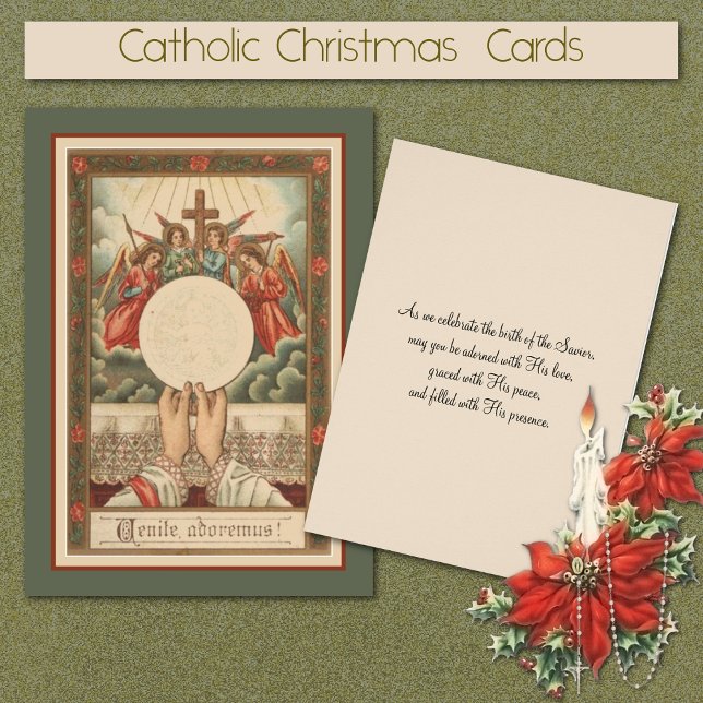 Hôte des Angles de Masse Latine Catholique (Traditional Catholic Christmas Cards with Latin Text Venite Adoremus "O Come Let Us Adore Him")