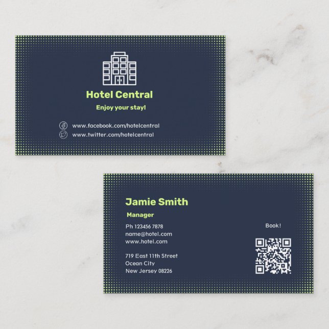 Hôtel Classique Carte de visite bleu avec code QR (Devant / Derrière)