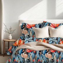 Aquarelle Art Nouveau Floral Rouge Bleu