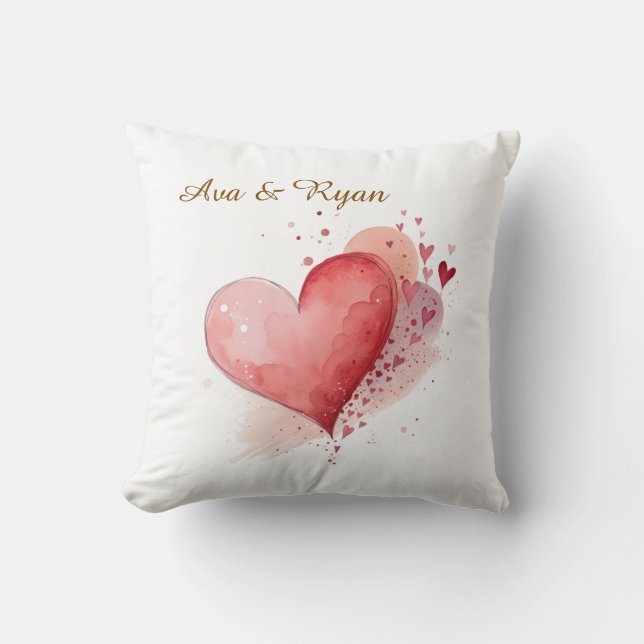 Housse de coussin à coeurs aquarelle avec nom de c (Recto)