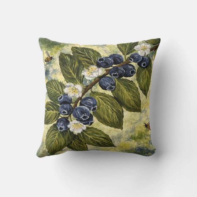 Housse de coussin botanique vintage bleu myrtille  (Verso)