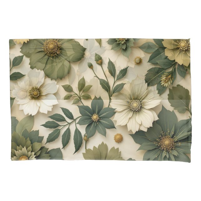 Housse d'oreiller motif fleurs vertes  (devant-gauche)