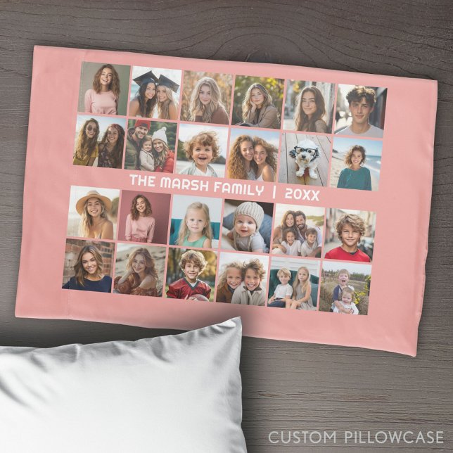 Housse D'oreillers 24 Photo Collage avec nom de famille Date - corail (Create Your Own Photo Collage Pillowcase)