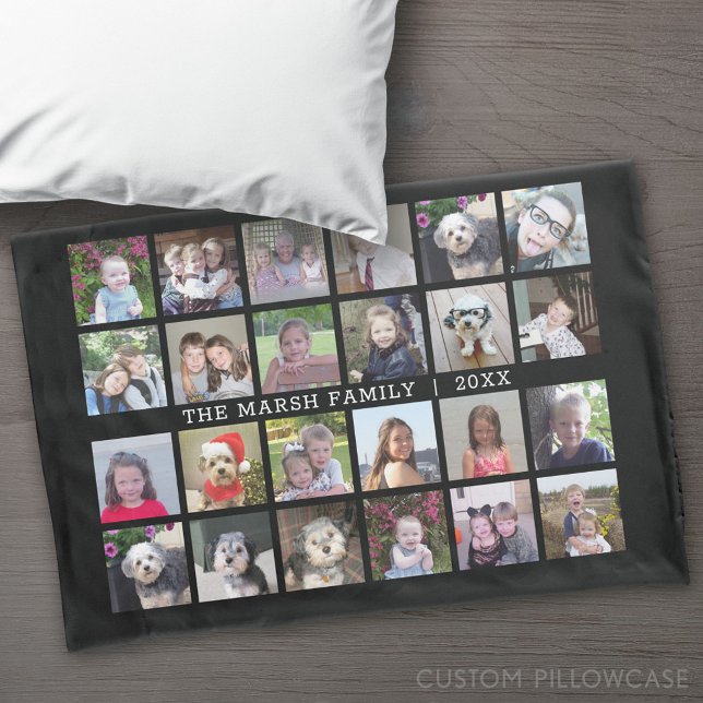 Housse D'oreillers 24 Photo Collage avec nom de famille Date - noir (Custom Pillowcase)