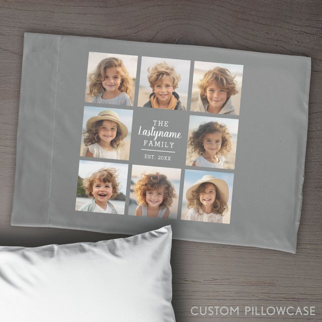 Housse D'oreillers 8 Collage photo avec zone de texte du centre gris (Create Your Own Photo Collage Pillowcase)