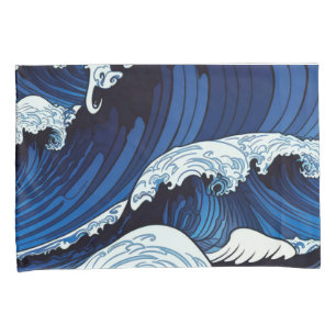 Housse D'oreillers Abstrait Blue Ocean Waves Art de style japonais  
