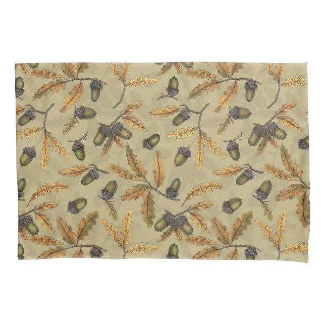 Housse D'oreillers Acornes et feuilles de chêne sur ecru (devant-gauche)