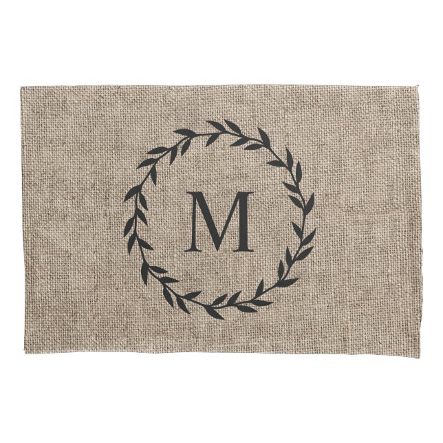 Housse D'oreillers Agritourisme rustique Burlap Laurel Wreath Monogra (devant)