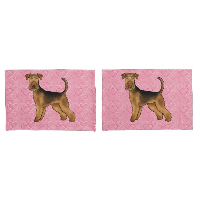 Housse D'oreillers Airedale Terrier Chien Mignon Amour Avec Des Cœurs (devant-Set)