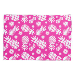 Housse D'oreillers Ananas tropicaux et fleurs art blanc rose