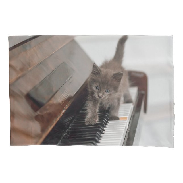 Housse D'oreillers Animaux de bébés cutest | Kitten sur piano (devant)